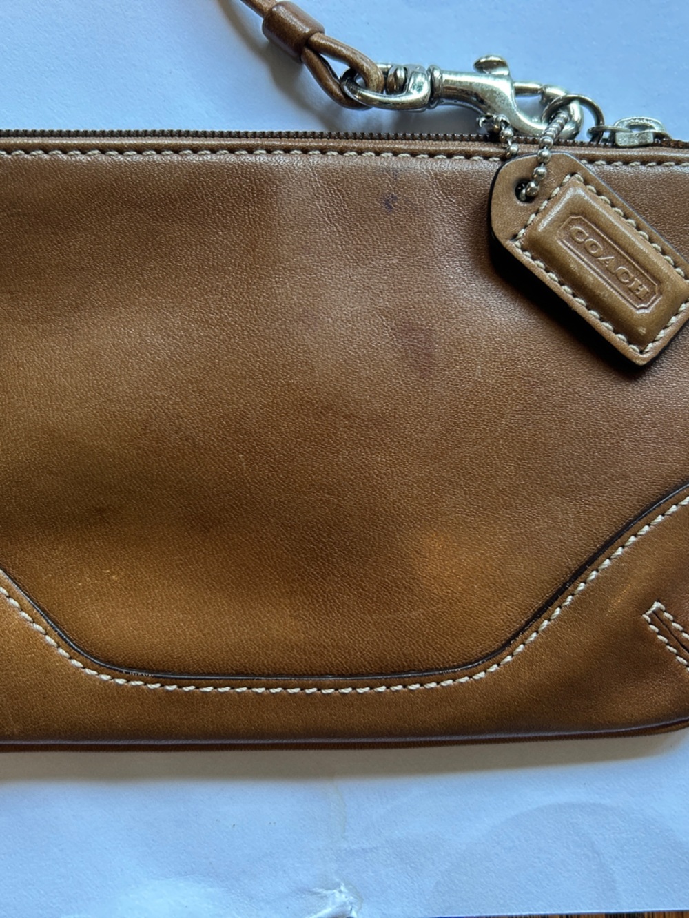 Vintage Coach Brown Leather Wristlet Clutch with Stitch Detail